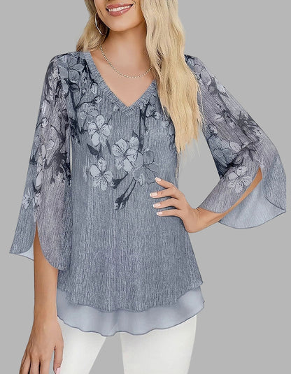 Floral Printed V Neck Mesh 3/4 Sleeve Asymmetrical Shirt