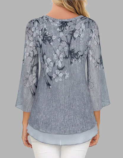 Floral Printed V Neck Mesh 3/4 Sleeve Asymmetrical Shirt