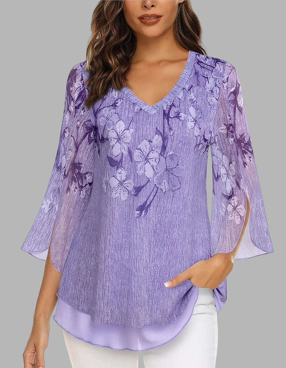 Floral Printed V Neck Mesh 3/4 Sleeve Asymmetrical Shirt