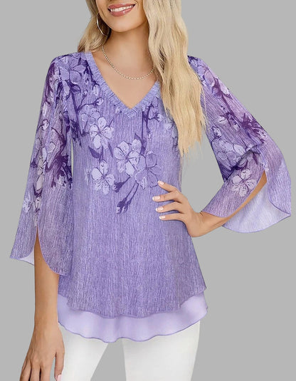 Floral Printed V Neck Mesh 3/4 Sleeve Asymmetrical Shirt