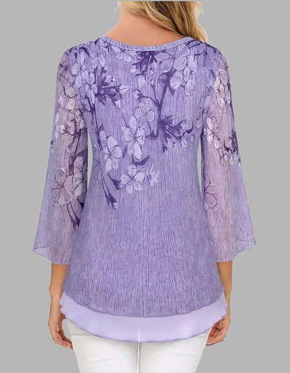 Floral Printed V Neck Mesh 3/4 Sleeve Asymmetrical Shirt