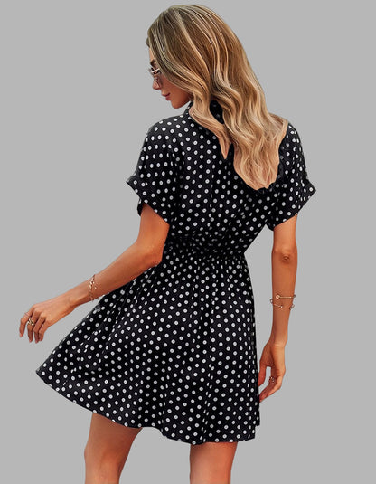 Polka Dot Print Lapel Belted Short Sleeve Short A-Line Dresses