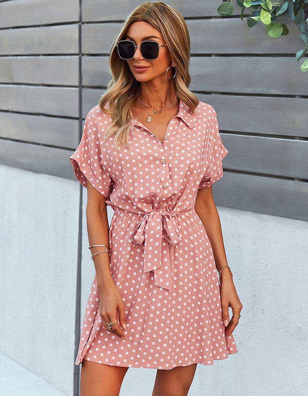 Polka Dot Print Lapel Belted Short Sleeve Short A-Line Dresses