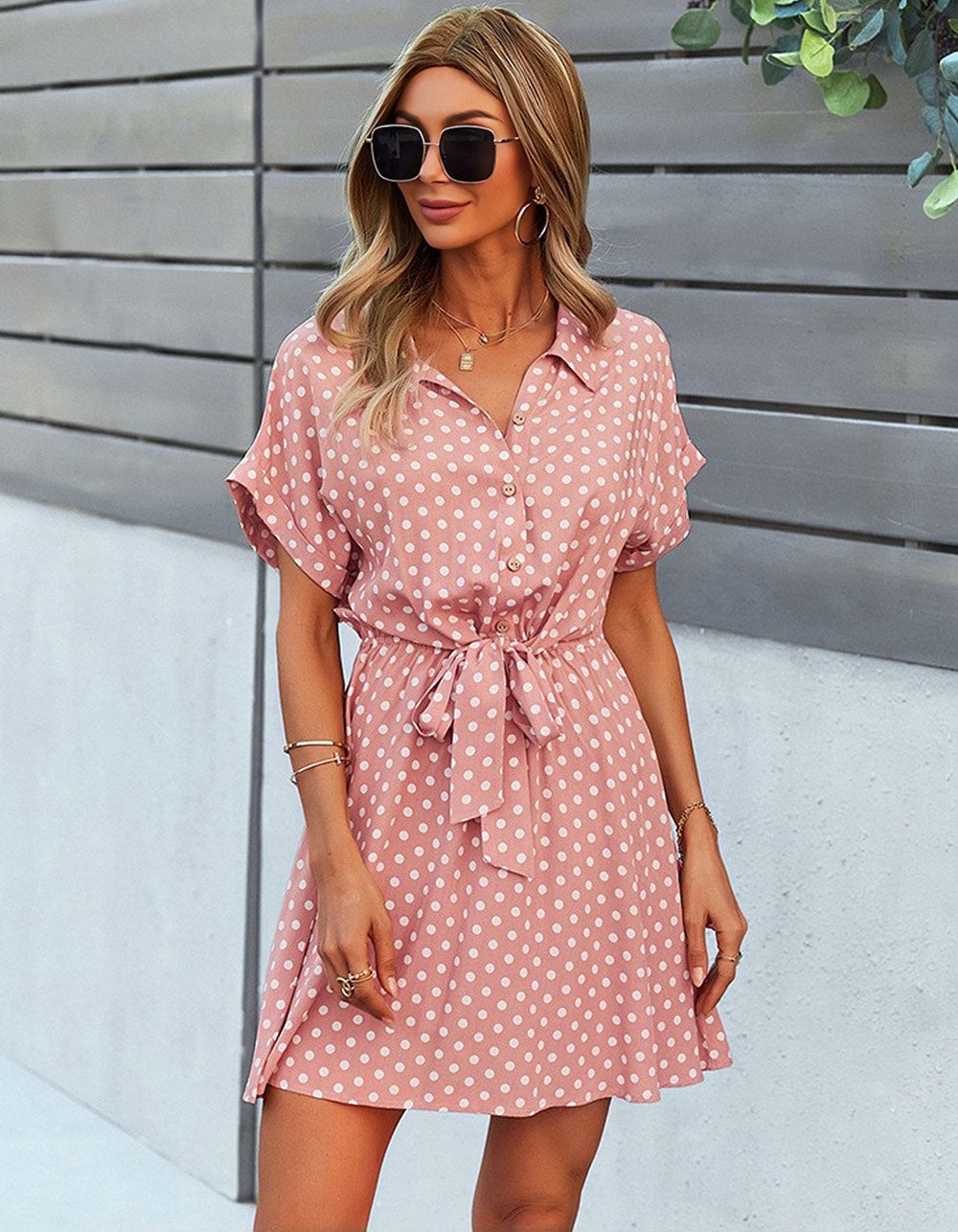 Polka Dot Print Lapel Belted Short Sleeve Short A-Line Dresses