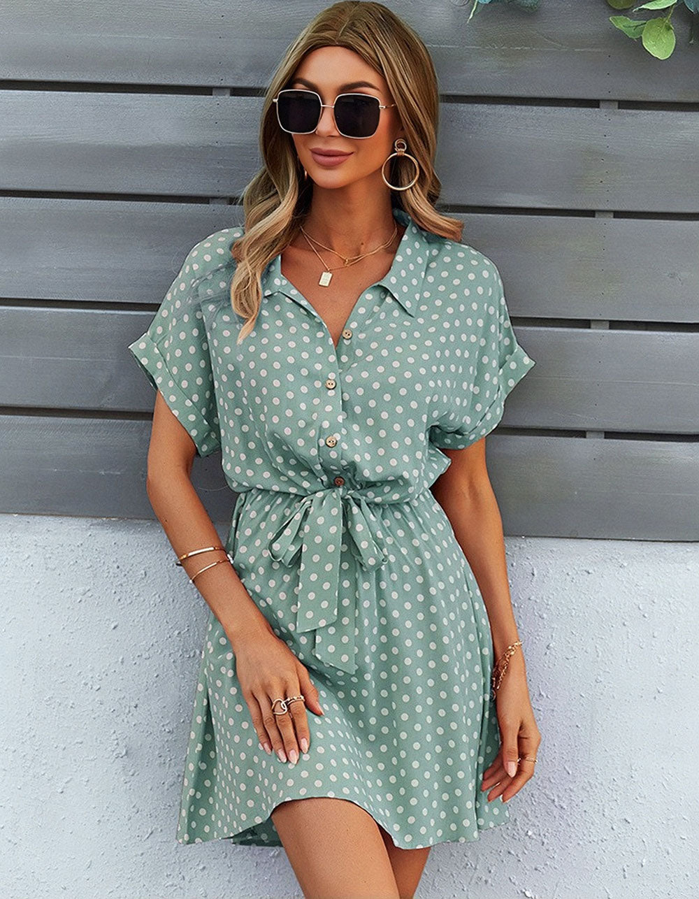 Polka Dot Print Lapel Belted Short Sleeve Short A-Line Dresses