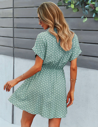 Polka Dot Print Lapel Belted Short Sleeve Short A-Line Dresses