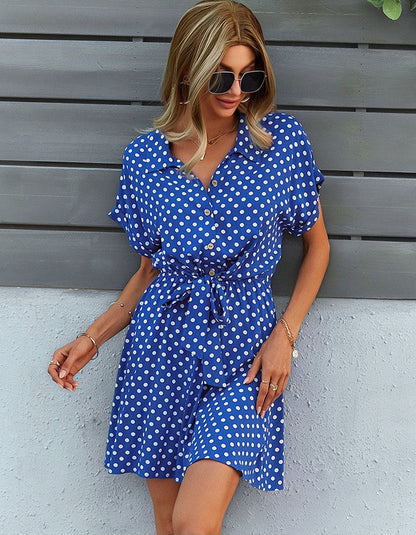 Polka Dot Print Lapel Belted Short Sleeve Short A-Line Dresses