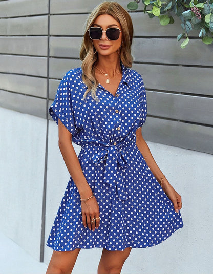 Polka Dot Print Lapel Belted Short Sleeve Short A-Line Dresses