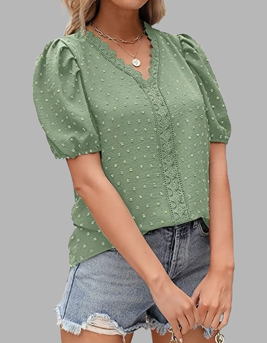 Solid-color V Neck Lace Bubble Sleeve Short Sleeve Chiffon Shirt