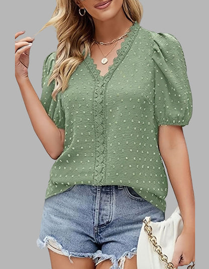 Solid-color V Neck Lace Bubble Sleeve Short Sleeve Chiffon Shirt