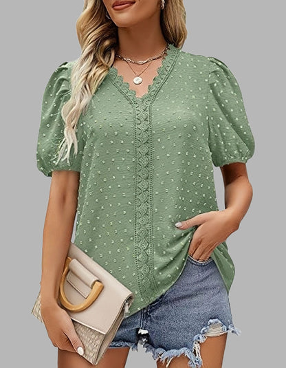 Solid-color V Neck Lace Bubble Sleeve Short Sleeve Chiffon Shirt