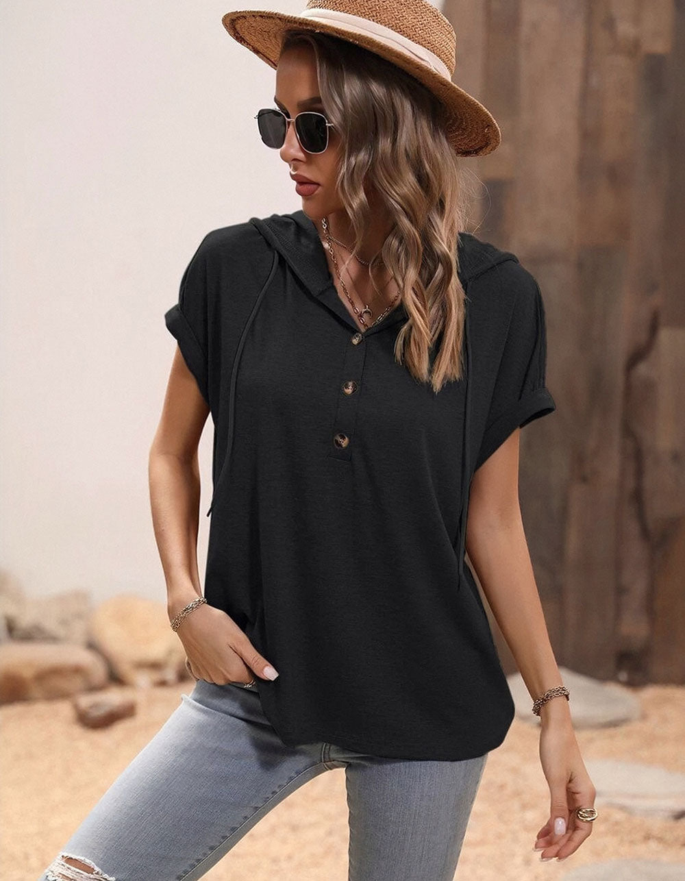 Solid-color V Neck Loose Hooded Button Short Sleeve T-Shirt