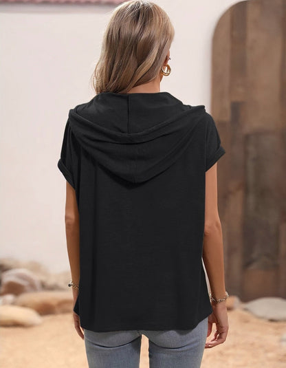 Solid-color V Neck Loose Hooded Button Short Sleeve T-Shirt