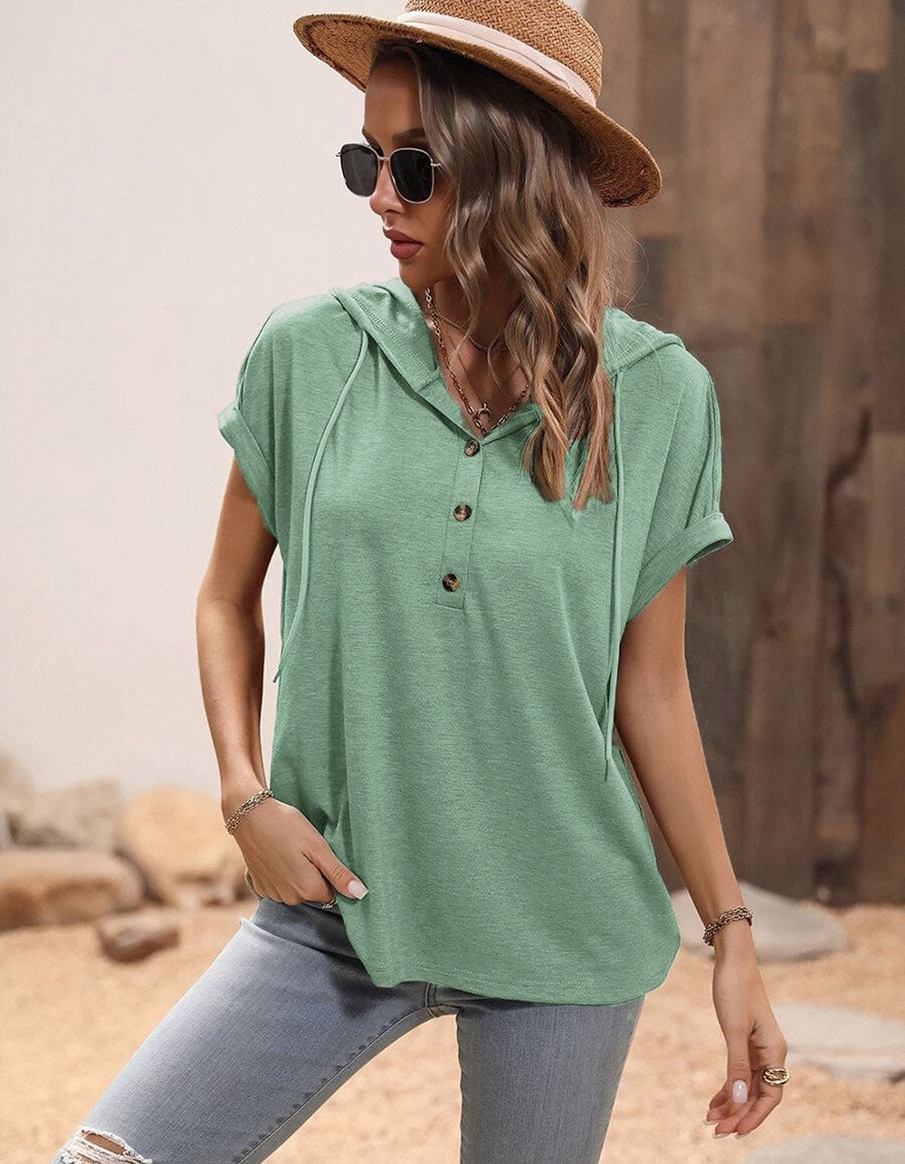 Solid-color V Neck Loose Hooded Button Short Sleeve T-Shirt