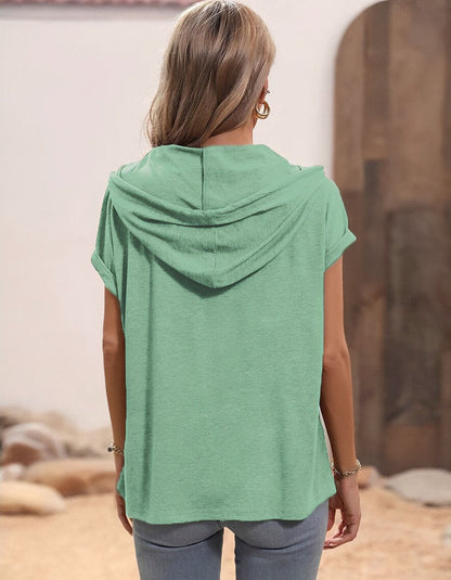 Solid-color V Neck Loose Hooded Button Short Sleeve T-Shirt