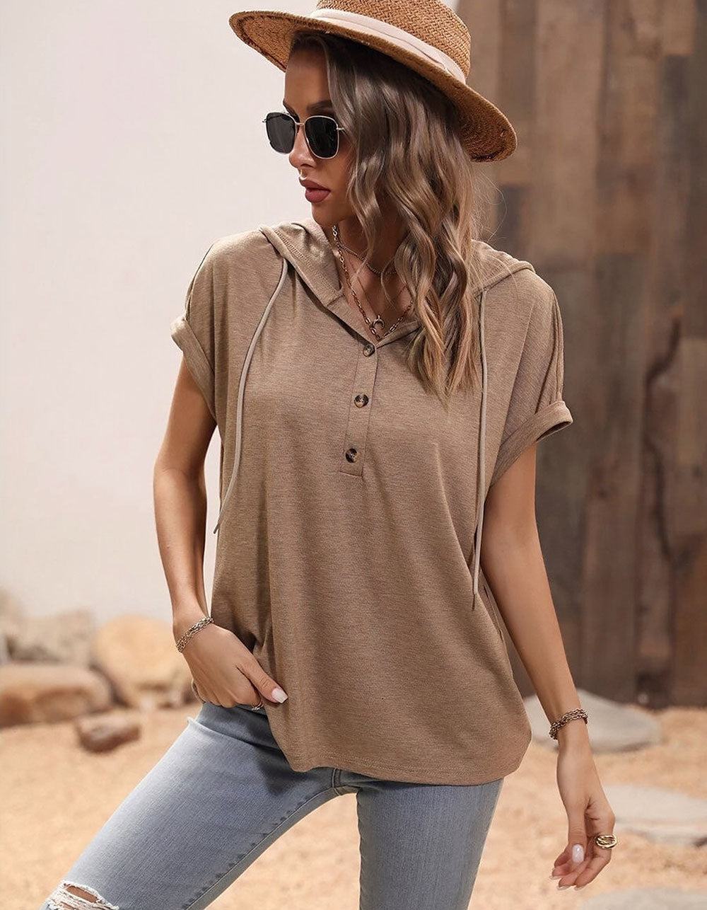 Solid-color V Neck Loose Hooded Button Short Sleeve T-Shirt