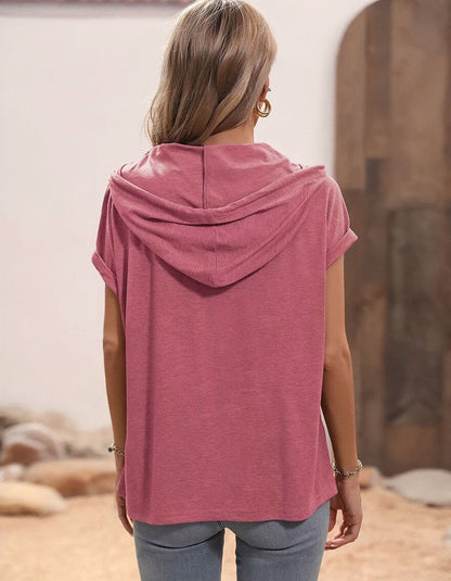 Solid-color V Neck Loose Hooded Button Short Sleeve T-Shirt