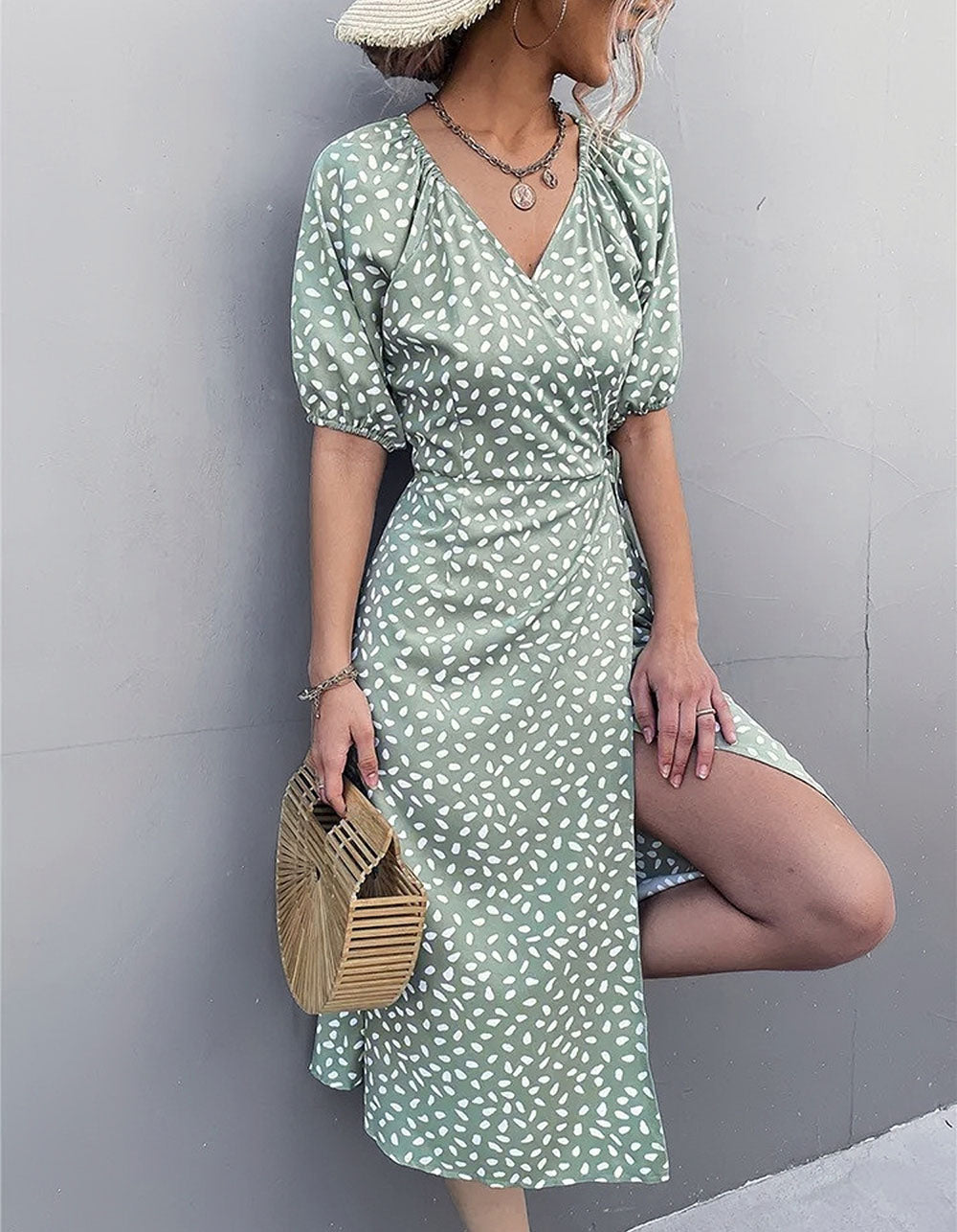 Polka Dot Chiffon V-Neck Puff Sleeve Slits Midi A-Line Dresses