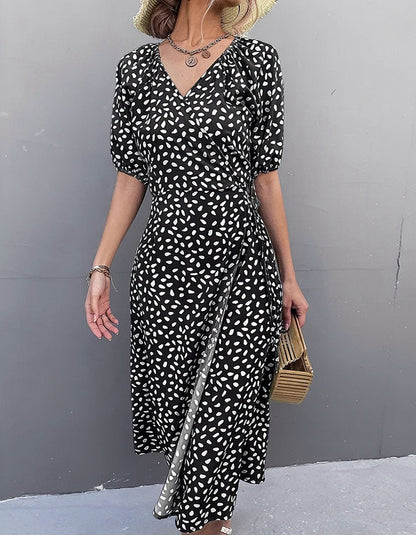 Polka Dot Chiffon V-Neck Puff Sleeve Slits Midi A-Line Dresses