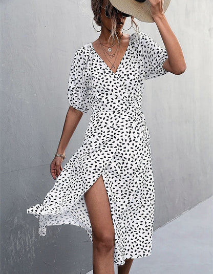 Polka Dot Chiffon V-Neck Puff Sleeve Slits Midi A-Line Dresses