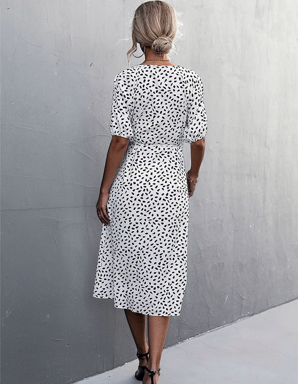 Polka Dot Chiffon V-Neck Puff Sleeve Slits Midi A-Line Dresses