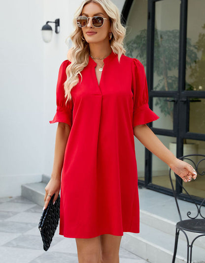 Plain Solid-color V Neck 1/2 Sleeve MidiA-Line Dresses