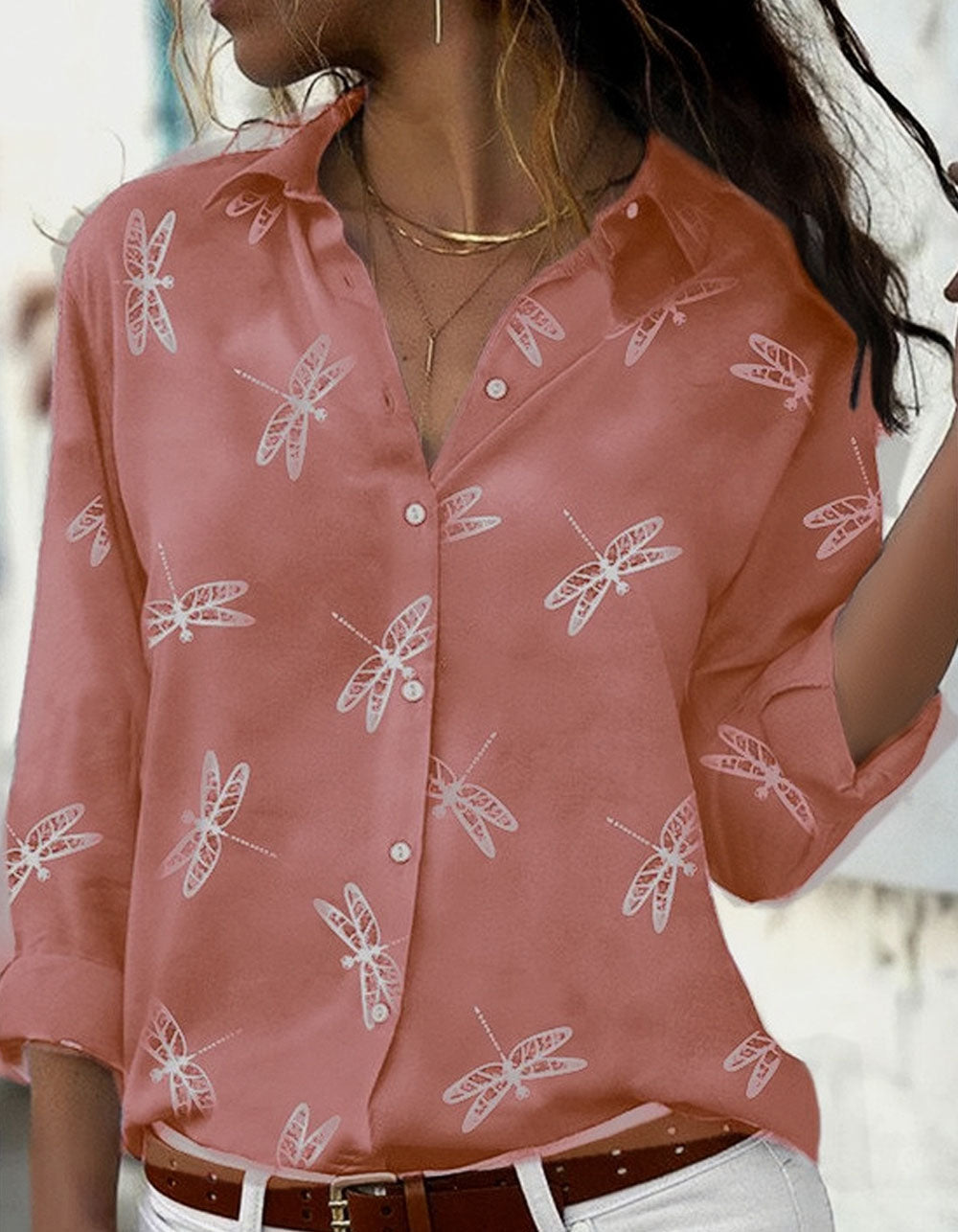 Dragonfly print long sleeve Lapel Slim Shirt