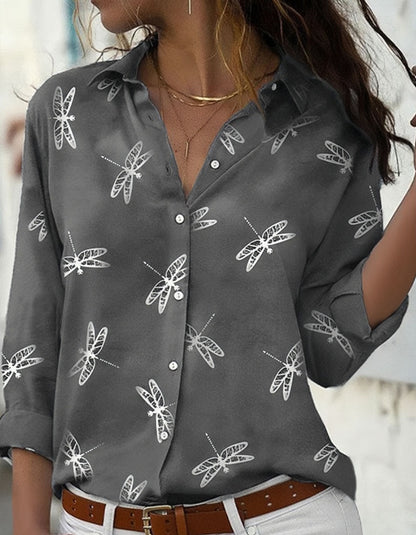 Dragonfly print long sleeve Lapel Slim Shirt