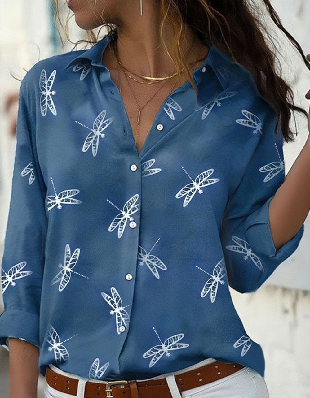 Dragonfly print long sleeve Lapel Slim Shirt