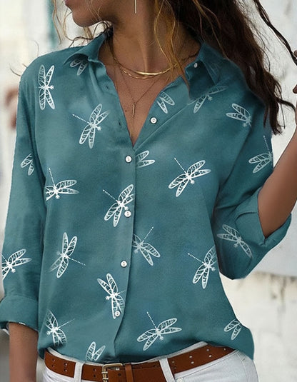 Dragonfly print long sleeve Lapel Slim Shirt