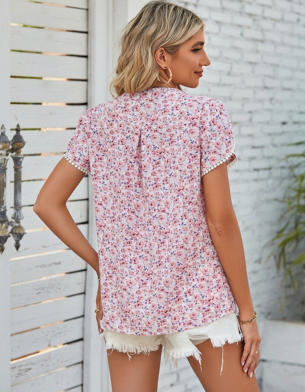 Disty Floral Short Petal Sleeve Lace V Neck Shirt