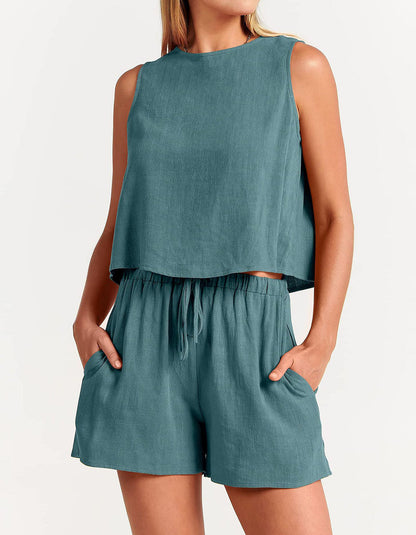 Solid-color Round Neck Sleeveless Top Shorts Pants Two-Piece Set