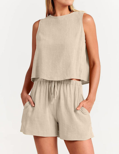 Solid-color Round Neck Sleeveless Top Shorts Pants Two-Piece Set