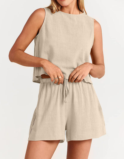 Solid-color Round Neck Sleeveless Top Shorts Pants Two-Piece Set