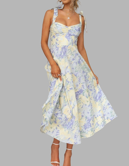 Floral Printed V-Neck Strap Mid-Length A-Line Dresses