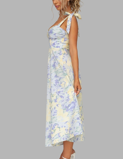 Floral Printed V-Neck Strap Mid-Length A-Line Dresses