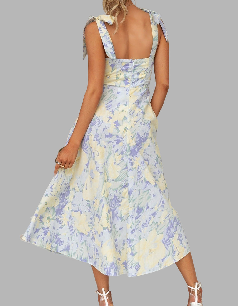 Floral Printed V-Neck Strap Mid-Length A-Line Dresses