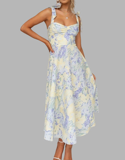 Floral Printed V-Neck Strap Mid-Length A-Line Dresses