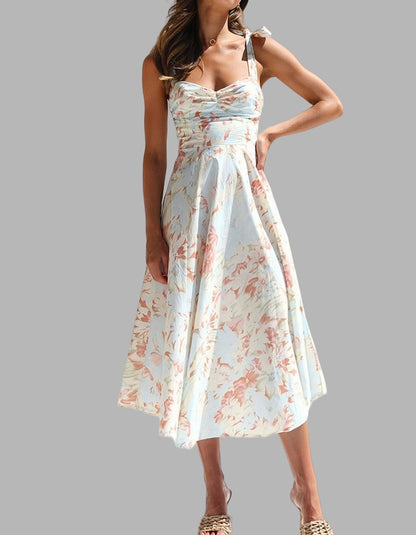 Floral Printed V-Neck Strap Mid-Length A-Line Dresses