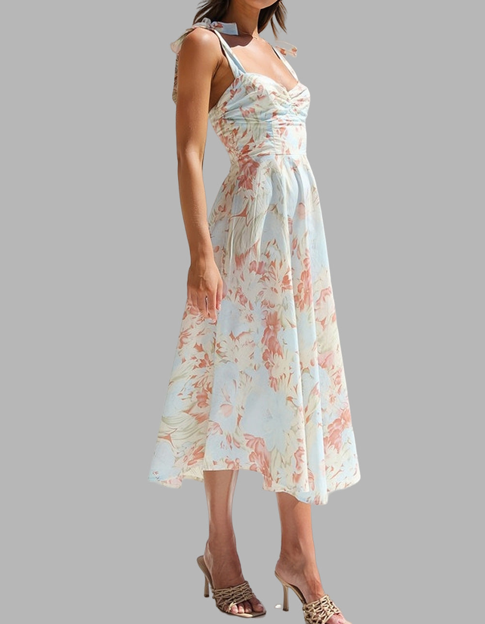 Floral Printed V-Neck Strap Mid-Length A-Line Dresses