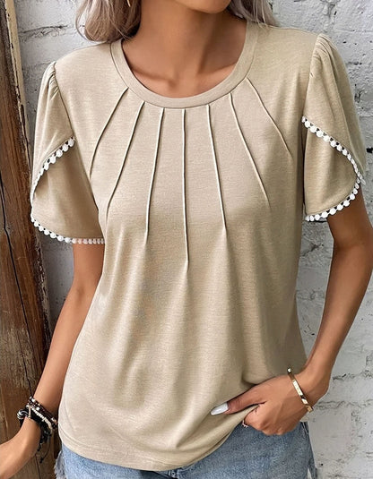 Plus Size Round Neck Solid Color Pleated Short Sleeve T-Shirt