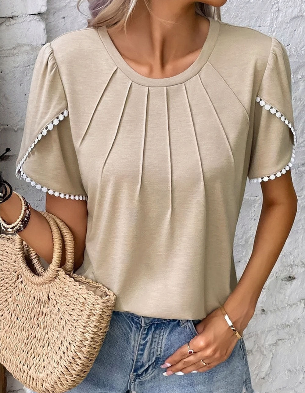 Plus Size Round Neck Solid Color Pleated Short Sleeve T-Shirt