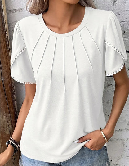 Plus Size Round Neck Solid Color Pleated Short Sleeve T-Shirt