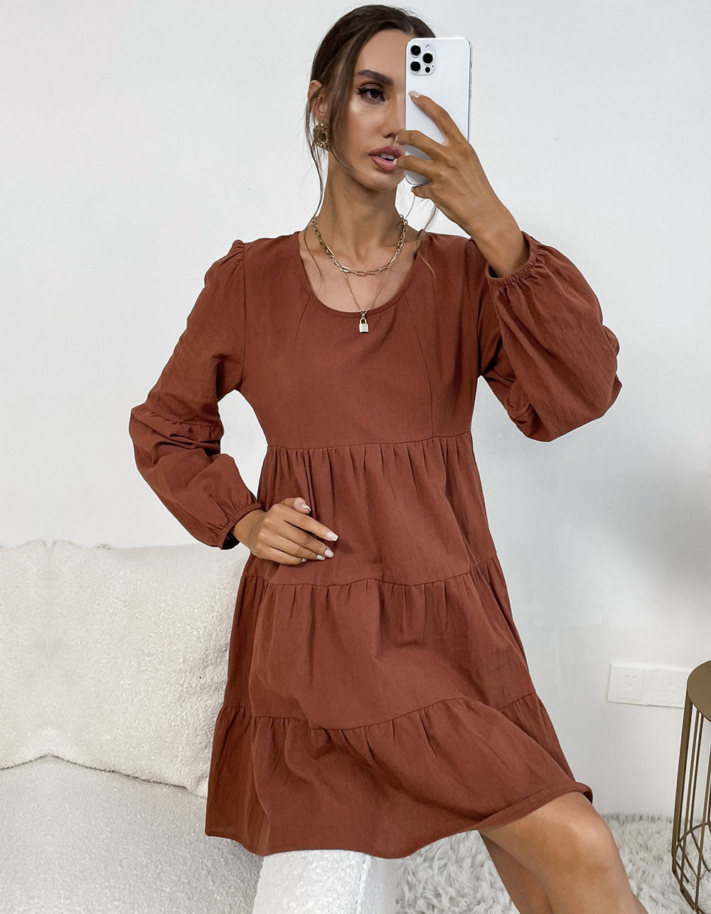 Solid-color Round Neck Long Sleeve Loose Cotton Linen Dresses