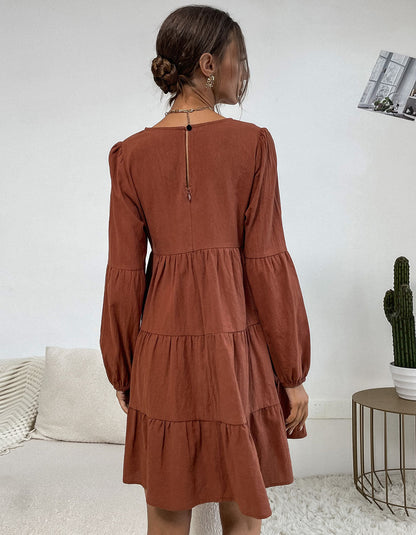 Solid-color Round Neck Long Sleeve Loose Cotton Linen Dresses