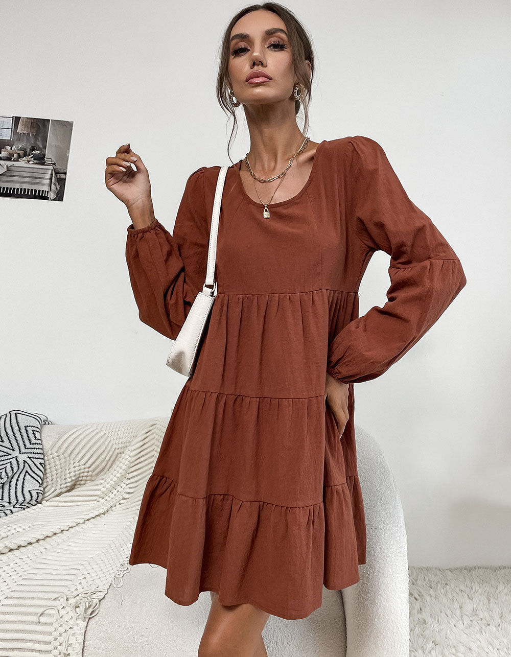 Solid-color Round Neck Long Sleeve Loose Cotton Linen Dresses