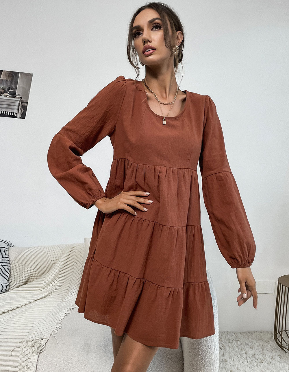 Solid-color Round Neck Long Sleeve Loose Cotton Linen Dresses