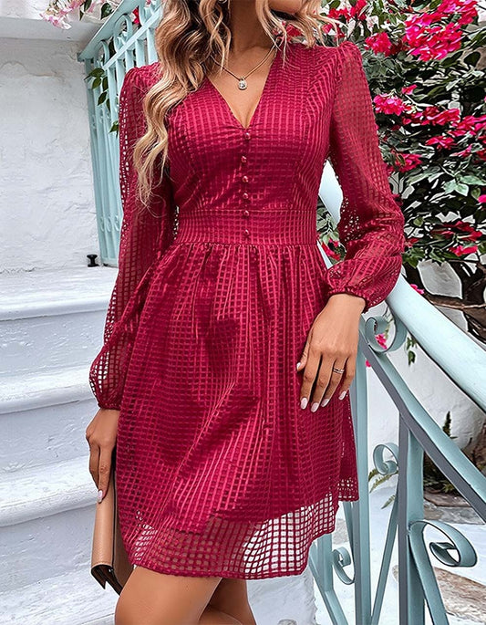 Solid-color V Neck Cut Out Long Sleeve Short A-Line Dresses