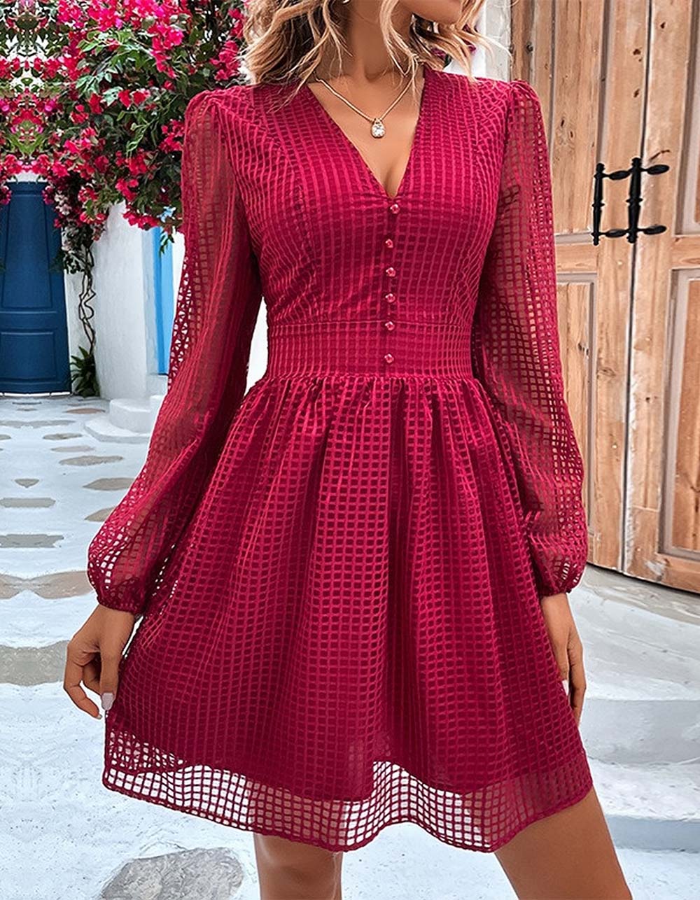 Solid-color V Neck Cut Out Long Sleeve Short A-Line Dresses