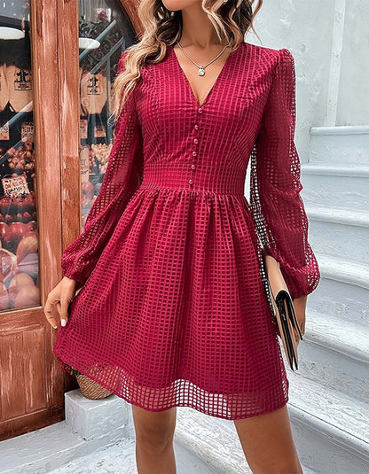 Solid-color V Neck Cut Out Long Sleeve Short A-Line Dresses